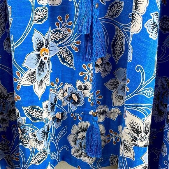 J. Jill v-neck sleeveless blue & orange print floral dress w tassel ties L Petit - Picture 7 of 9